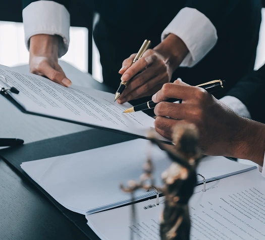 Two lawyers review legal documents, signing contracts with pens.