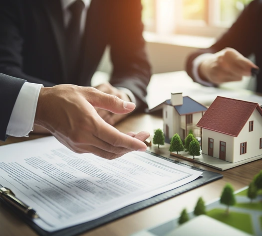 Businesspeople reviewing real estate contract with model homes
