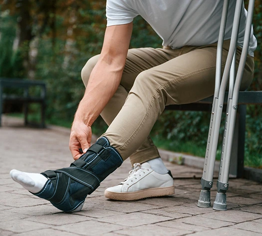 Man with broken leg in a walking boot and crutches
